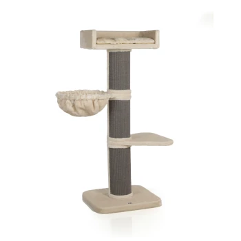 Katzenbaum mit einer plüschigen oberen Liegefläche, einer gemütlichen Hängematte und einem Kratzbaum, in neutralem beige und grauem Farbschema.