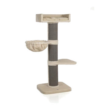 Katzenbaum mit einer plüschigen oberen Liegefläche, einer gemütlichen Hängematte und einem Kratzbaum, in neutralem beige und grauem Farbschema.