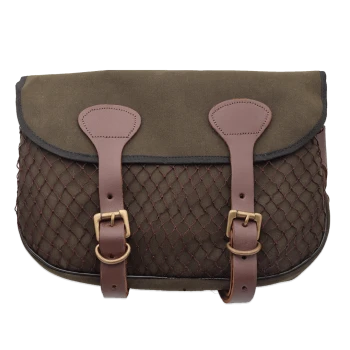 Braune Canvas- und Leder-Tasche für Haustiere mit Netzfront und Schnallenriemen.