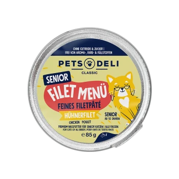 Pets Deli Classic Senior Filet Menü Hühnerpastete für ältere Katzen, getreide- und zuckerfrei, 85g Dose mit Katzenillustration.