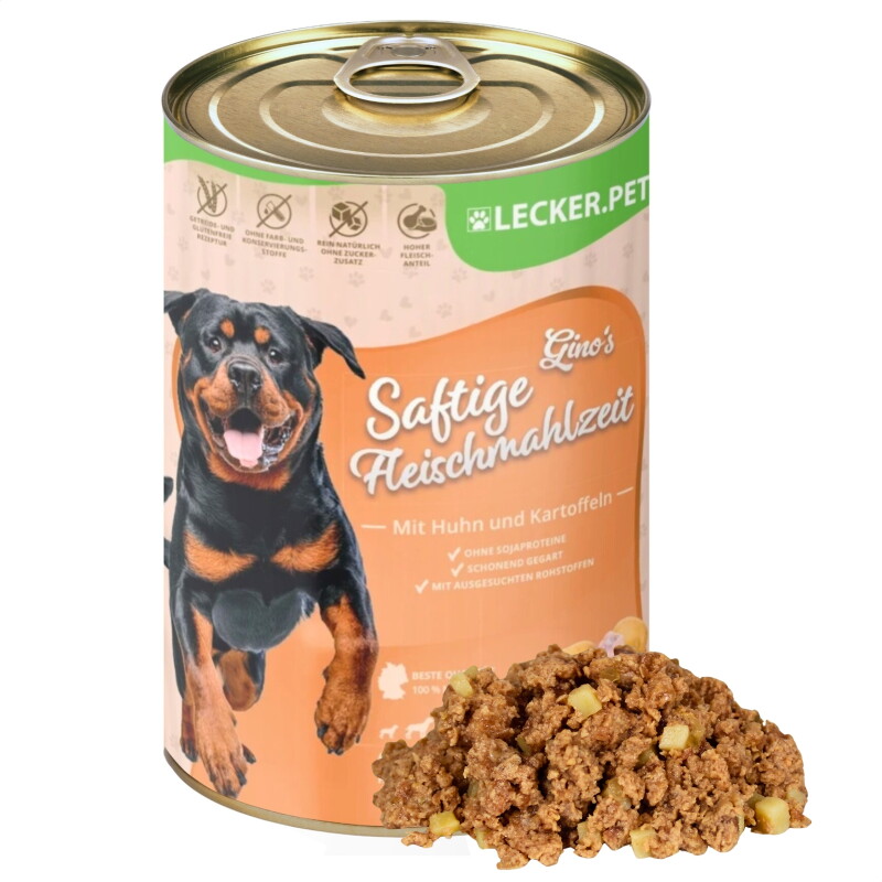 Lyra Pet Lecker.Pet Gino's Saftige Fleischmahlzeit mit Huhn & Kartoffeln Hundefutter Nassfutter 9,6 kg