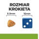 Obraz porównujący rozmiary krokietów: krokiet trójkątny 8,9 mm obok niebieskiej kostki 16 mm, z napisem "ROZMIAR KROKIETA" powyżej.