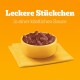 Schüssel mit Haustierleckerlis in einer herzhaften Sauce, auf einer gelben Serviette platziert, mit dem Text "Leckere Stückchen in einer köstlichen Sauce" darüber.
