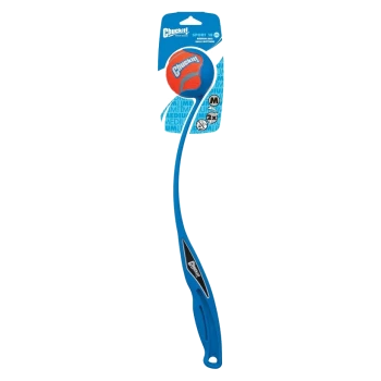 Chuckit! Sport 18 fetch toy featuring a medium-sized orange ball attached to a long blue handle, designed for dog play.