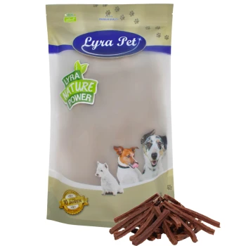 Pferdedörrfleisch 1 kg Lyra Pet Hundeleckerlis Verpackung: beige Tasche mit Hund- und Katzenbildern, beschriftet mit "Lyra Nature Power" und "100% natürlich," mit Leckerlis davor.
