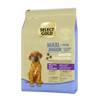 Sensitive Maxi Junior Lamm/Lachs/Kartoffel 4 kg Select Gold Maxi Junior Sensitive Hundefutterbeutel mit einem braunen Welpen. Der Text hebt die Zutaten hervor: Lamm, Lachs und Kartoffel.