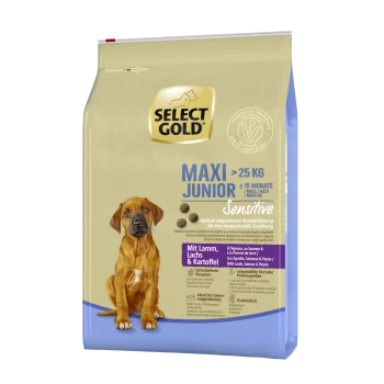 Select Gold Maxi Junior Sensitive Hundefutterbeutel mit einem braunen Welpen. Der Text hebt die Zutaten hervor: Lamm, Lachs und Kartoffel.