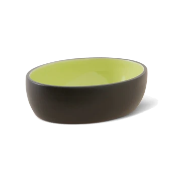 Ovale Haustierschale mit matt-schwarzer Außenseite und glänzend-limettengrüner Innenseite.