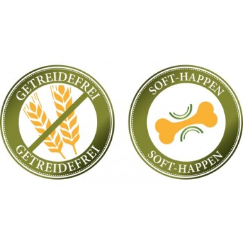 Zwei runde Etiketten: links steht "GETREIDEFREI" mit einem durchgestrichenen Weizensymbol; rechts steht "SOFT-HAPPEN" mit einem weichen Knochen-Icon.