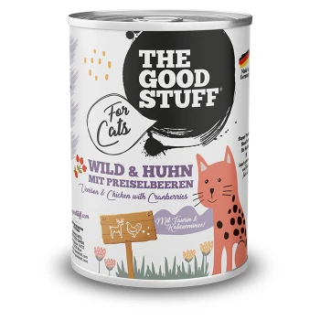 Dose 'THE GOOD STUFF' Katzenfutter mit Aufschrift 'For Cats' und 'WILD & HUHN mit Preiselbeeren', mit einer orange gesprenkelten Cartoon-Katze.