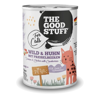 Dose 'THE GOOD STUFF' Katzenfutter mit Aufschrift 'For Cats' und 'WILD & HUHN mit Preiselbeeren', mit einer orange gesprenkelten Cartoon-Katze.