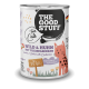 Dose 'THE GOOD STUFF' Katzenfutter mit Aufschrift 'For Cats' und 'WILD & HUHN mit Preiselbeeren', mit einer orange gesprenkelten Cartoon-Katze.