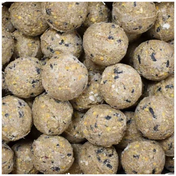 Eine Nahaufnahme von zahlreichen runden, strukturierten Hundefutterbällchen aus einer Mischung von Getreide und Samen, in einer hellbraunen Farbe mit schwarzen Sprenkeln.