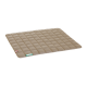 Eine beige Haustiermatte mit einem gesteppten Design, mit einem roten Etikett und einem grünen Label, das "Doctor Bark" liest.