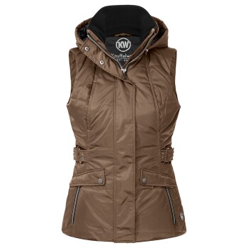 Braune ärmellose Steppweste mit Kapuze, mit einem Reißverschluss vorne, Seitentaschen und einem Gürtel in der Taille.
