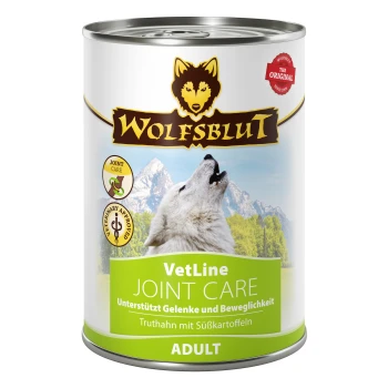 Dosenfutter für Hunde mit der Aufschrift "Wolfsblut VetLine Joint Care", das ein heulendes Wolf-Logo zeigt, mit dem Hinweis, dass es die Gelenke und die Mobilität unterstützt.