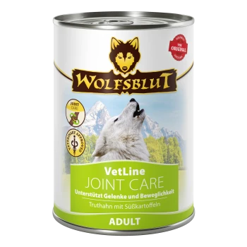 Nourriture pour chiens en conserve étiquetée "Wolfsblut VetLine Joint Care" avec un logo de loup hurlant, avec un texte indiquant qu'elle soutient les articulations et la mobilité.