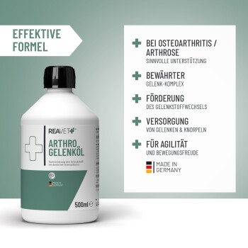 Flasche REAVET Arthro Gelenköl, ein Gelenkunterstützungsöl für Osteoarthritis, mit einem Messbecher, der 30 ml orangefarbener Flüssigkeit zeigt.