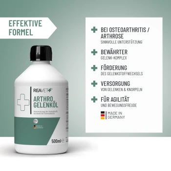Flasche REAVET Arthro Gelenköl, ein Gelenkunterstützungsöl für Osteoarthritis, mit einem Messbecher, der 30 ml orangefarbener Flüssigkeit zeigt.