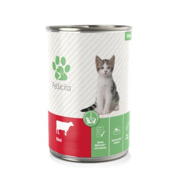 Dose Fellicita Kittenfutter, beschriftet "Rind für Kittens", mit einem pinken Design, 400g Größe und dem Anspruch, 100% natürlich zu sein.