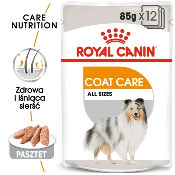Opakowanie karmy dla zwierząt Royal Canin Coat Care, z sylwetką psa, z tekstem podkreślającym "Care Nutrition" i "All Sizes."