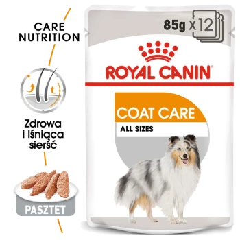 Opakowanie karmy dla zwierząt Royal Canin Coat Care, z sylwetką psa, z tekstem podkreślającym "Care Nutrition" i "All Sizes."