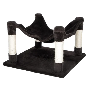 Schwarze Katzenhängematte mit plüschigem Stoff und mit Sisal umwickelten Pfosten, entworfen für den Komfort und das Kratzen von Haustieren.