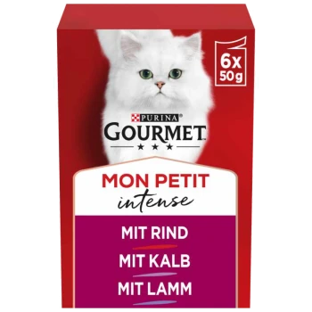 Verpackung von Purina Gourmet Mon Petit Intense Katzenfutter mit einer weißen Katze, mit Geschmacksrichtungen: Rind, Kalb und Lamm.