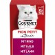Verpackung von Purina Gourmet Mon Petit Intense Katzenfutter mit einer weißen Katze, mit Geschmacksrichtungen: Rind, Kalb und Lamm.