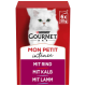 Verpackung von Purina Gourmet Mon Petit Intense Katzenfutter mit einer weißen Katze, mit Geschmacksrichtungen: Rind, Kalb und Lamm.