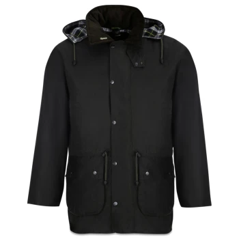 Schwarze wasserdichte Hundespazierjacke mit kariertem Kapuzenfutter und vorderen Taschen, dargestellt auf weißem Hintergrund.