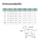 Größentabelle für Hundebekleidung auf Deutsch, die Maße von XS bis 2XL in cm und Zoll detailliert, mit beschrifteten Körperteilen.