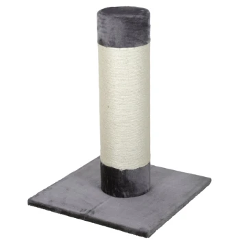 Grauer Katzenkratzbaum mit einer plüschigen Basis und einer hohen, mit Sisal umwickelten Säule zum Kratzen.