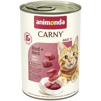 Dose Animonda CARNY Katzenfutter mit Etikett 'Rind + Herz / Beef + Heart', Adult 1+, mit orange getigerter Katze und Fleischstückchen.