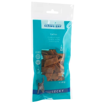 Verpackung von Katzenleckerlis mit der Marke "CatYes", mit Huhn und Taurin-Zutaten, 95% Fleisch, glutenfrei, 45g, und einer Katzen-Grafik.