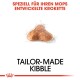 Maßgeschneiderte Kibble für Möpse, mit einer einzigartigen Kibble-Form, mit dem Text 'SPEZIELL FÜR IHREN MOPS ENTWICKELTE KROKETTE' darüber.