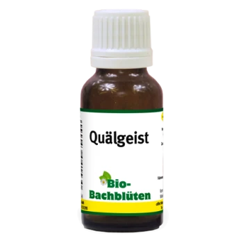 Braune Glasflasche mit dem Etikett "Quälgeist" und einem weißen Deckel, mit dem Text "Bio-Bachblüten" und einem grünen Logo, auf einem grauen Untergrund.