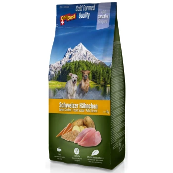 DeliBest Hundefutterbeutel mit Schweizer Huhn, beschriftet mit "Adult Sensitive Complete," mit Bildern frischer Zutaten und zwei Hunden, die im Wasser spielen.