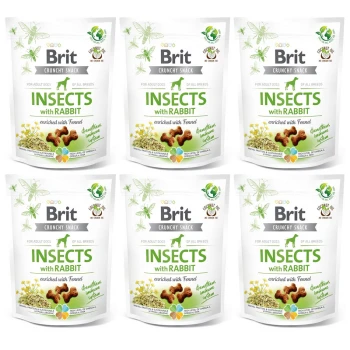 Sześć torebek Brit Crunchy Snack dla psów, z "Owady z Królikiem" wzbogaconym fenkułem, podkreślającym zrównoważone źródła białka.