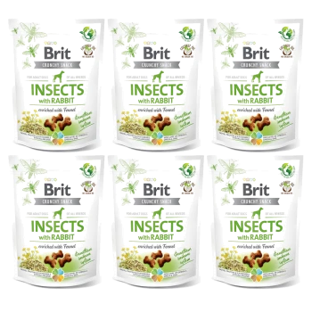 Sześć torebek Brit Crunchy Snack dla psów, z "Owady z Królikiem" wzbogaconym fenkułem, podkreślającym zrównoważone źródła białka.