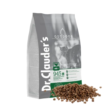 Dr. Clauder's Outdoor Katzenfuttertüte mit grauem Design, mit einem Katzenbild und Futter, das herausfällt, beschriftet mit 'Geflügel/Fisch.'