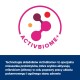Logo ActivBiome+ z kolorowymi kształtami molekularnymi, z tekstem opisującym jego technologię prebiotyczną poprawiającą zdrowie jelit.