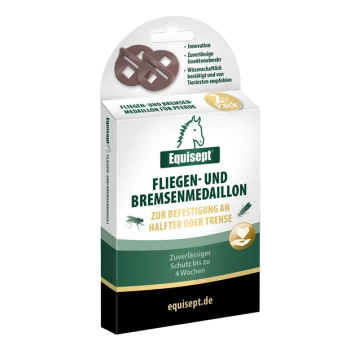 Equisept Fliegen- und Bremsenmedaillons für Pferde, 2er-Pack, mit Text, der den Insektenschutz für bis zu 4 Wochen hervorhebt.
