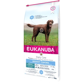 Eukanuba Daily Care Premium Trockenfutter für Hunde, mit einem braunen Hund auf Gras, mit Text, der "Gewichtskontrolle" und "-30% Fett" hervorhebt.