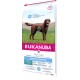 Eukanuba Daily Care Premium Trockenfutter für Hunde, mit einem braunen Hund auf Gras, mit Text, der "Gewichtskontrolle" und "-30% Fett" hervorhebt.