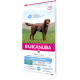 Eukanuba Daily Care Premium Trockenfutter für Hunde, mit einem braunen Hund auf Gras, mit Text, der "Gewichtskontrolle" und "-30% Fett" hervorhebt.