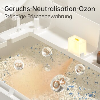 Weißer Behälter mit transparentem Deckel, gefüllt mit leichtem Material und blauen Perlen, beschriftet mit "O3" und dem Text "Geruchs-Neutralisation-Ozon."