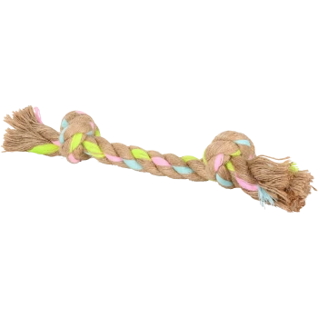 Een kleurrijk gevlochten touwspeelgoed voor huisdieren, met pastelroze, blauwe en groene strengen, met rafelige uiteinden voor extra textuur.