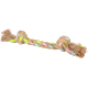 Ein farbenfrohes, geflochtenes Seilspielzeug für Haustiere, mit pastellfarbenen rosa, blauen und grünen Strängen, mit ausgefransten Enden für zusätzliche Textur.