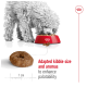 A fluffy white dog eats from a red bowl of kibble, with a close-up of kibble and text about enhanced palatability.